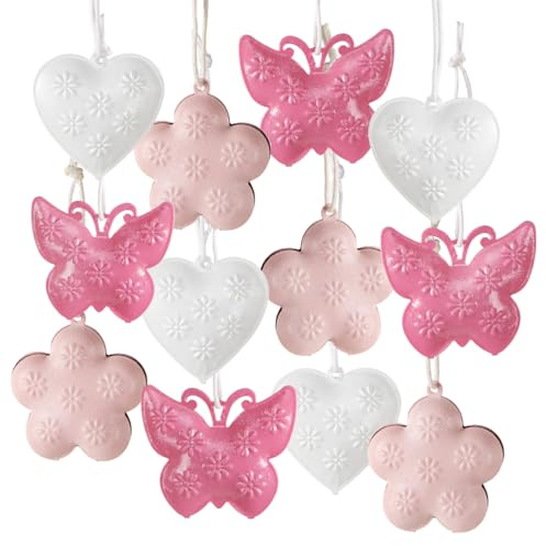 Logbuch-Verlag 12 Ostern Anhänger mit Schnur aus Metall für den Osterstrauch zum Aufhängen Herz Schmetterling Blume 3-4 cm Deko