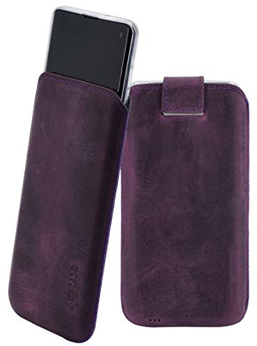 Suncase Original Etui Tasche kompatibel mit Samsung Galaxy S10e | mit ZUSÄTZLICHER Hülle/Schale/Bumper Lasche mit Rückzugfunktion Handytasche Ledertasche Schutzhülle Case in antik-lila