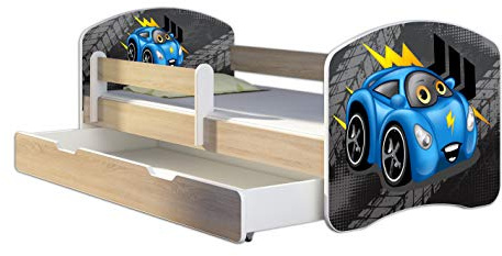 ACMA Kinderbett 160x80 Jugendbett mit Einer Schublade und Matratze, Farbe Sonoma mit Rausfallschutz Lattenrost II Spielbett Kinderzimmer Möbel, 04 Blaue Auto