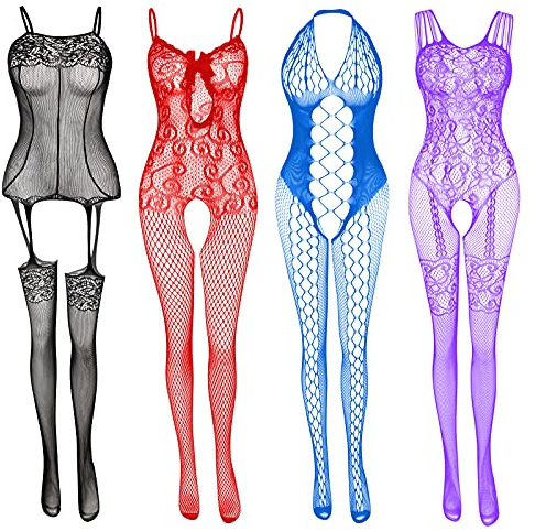 JDiction Fishnet Lingerie for Women Fishnet Bodysuit Lace Bodysuits Sexy Babydoll Nightwear (4 Pack)