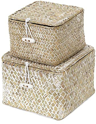 YSGLIFE Cestino Portaoggetti Seagrass con Coperchio Set di 2 Cesto Impilabili Tessuto di Alghe Rattan Cestini Quadrati per Ripiani Scatole Portaoggetti Conservazione dei Cosmetici Gioielleria
