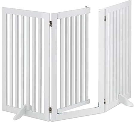 Relaxdays Absperrgitter, HxB: 92 x 154 cm, faltbar, mit Tür & Füßen, freistehendes Hunde Schutzgitter, Türgitter, weiß