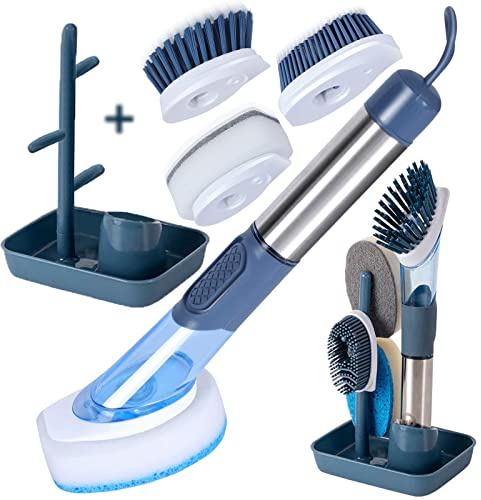 WANGCL Cepillo dispensador de jabón, cepillo para lavar platos, cepillo de limpieza de cocina con 4 cabezales reemplazables con base de almacenamiento (azul)