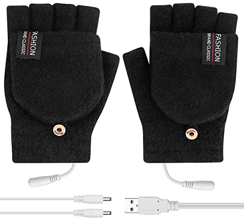 Guantes térmicos USB, calentadores de manos para mujer, guantes de calentamiento eléctrico de invierno, manos de calor completo y medio sin dedos, lavables, para laptop, juegos, oficina (negro)