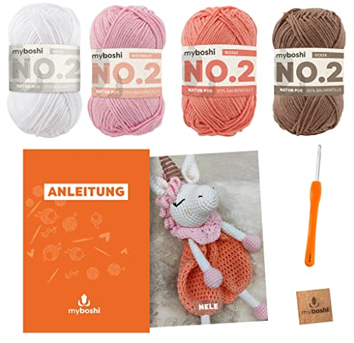 myboshi Häkelset Schmusetuch Nele, inkl. No.2 Wolle, Nadel und Anleitung, original Label, Häkelpaket, 85% Baumwolle, 15% Kapok Rosa, mit Häkelnadel