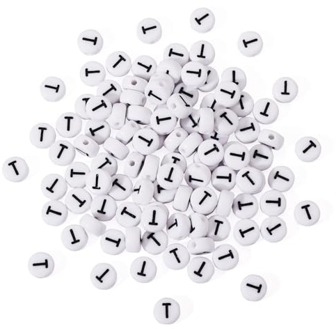 Bestewelry 100 Stück Acryl-Alphabet-Perlen, Initialbuchstabe T, lose Perlen, 7 mm, weiße, flache runde Buchstaben-Abstandshalter für Namensarmbänder, Schmuckherstellung