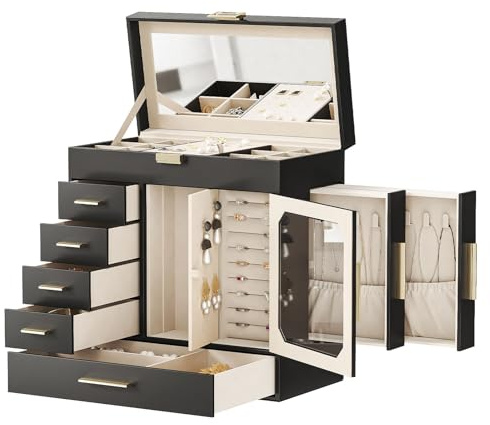 HOOBRO Jewelry Box with Mirror, Jewelry Organizer Box with Capacious Storage Space, Jewelry Holder Organizer, Hand-Held Jewelry Case, Glass Cover, Modern Style, Black and Light Gold BK06JB04G1