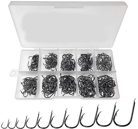 CRLLDPM 100 Pièces Hameçons De Pêche, 10 Tailles D'hameçons en Acier Au Carbone avec Crochets avec Boîte en Plastique pour La Pêche en Eau Douce Et Salée
