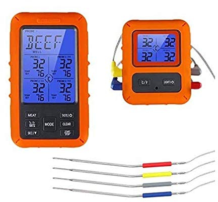 CAFFIA Wireless BBQ Meat Thermometer for Grilling Smoker Oven Kitchen Turkey Remote Digital Cooking Food Grill Thermometer with 4 Stainless Steel Probe, Smart LCD Backlit Screen