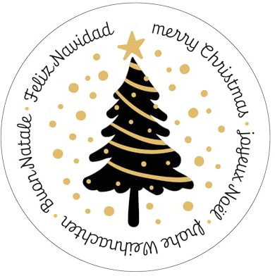 Weihnachtssticker Tannenbaum, 200 Stück: Aufkleber-Rolle, Frohe Weihnachten, Weihnachtsaufkleber Selbstklebend, Kleine Sticker Rund, Weihnachtliche Etiketten Geschenke, Geschenkaufkleber, Ø 5 cm
