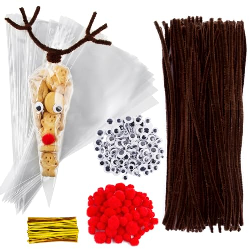 BETESSIN 600pcs Pfeifenreiniger zum Basteln Braun Spitztüten Transpanrent Pfeifenputzer Set Rentier Süßigkeiten Tüten Klein Chenilledraht Weihnachten Basteln mit Wackelaugen Pompons für Bonbons Kekse