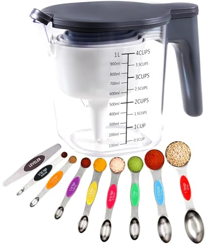 Recogwood 19 Piece Multicolor Measuring Cup Set, Includes 10 Stackable Measuring Cup with Lid and 9 Magnetic Measuring Spoons, BPA Free, Dishwasher Safe
