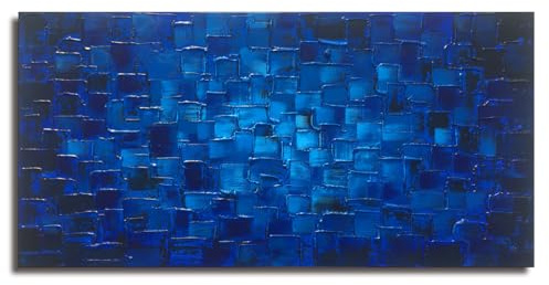 MyArton Textured Abstract Squares Canvas Wall Art Hand Painted Modern Dark Blue Oil Painting Picture for Home Decoration Ready to Hang 40x20inch