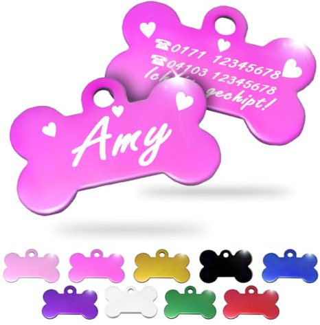 Ibera gifts - Hundemarke mit Gravur und personalisierte Hundemarke in Knochenform für kleine bis mittelgroße Hunde und Katzen (Pink, Herzen)