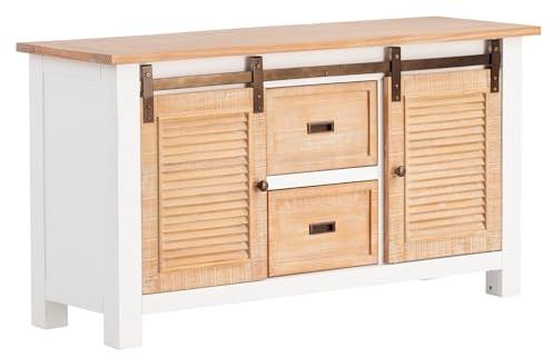 Woodkings Waschtisch Capera | 140x75 cm aus Massivholz Weiß Braun | Landhausstil Badezimmer Schrank | Badschrank Stauraum mit 2 Schiebetüren, 2 Schubkästen
