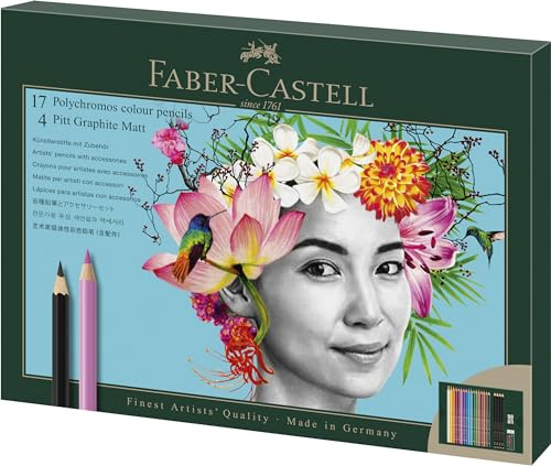 Faber-Castell 210052 Polychromos Färgpennor, Set om 17 Färgpennor, Inkluderar 4 Pitt Graphite Matt Pennor, Radergummi och Pennvässare, Färger för Konstnärer med 3,8 mm Tjocka Blyertsspetsar