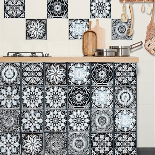 Fashion Black Silver Mandala Flower Wallpaper Vinyl Self Adhesive Wall Tile Kitchen Bathroom Tile Sticker (Size : 10 Pcs/10x10cm)