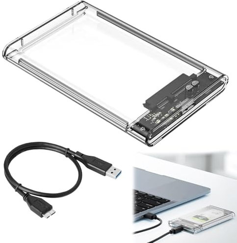 Boîtier Disque Dur 2,5'', USB 3.0 Boitier Externe Disque pour SATA III SSD et HDD 2.5'' 7 mm/9,5 mm, 5Gbps Boitier SSD accélération UASP, Trim, sans Outils, Câble USB 3.0 Inclus, Transparent