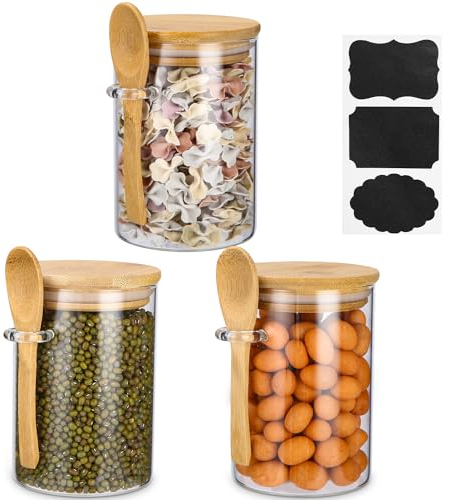 Vorratsdosen Glas 3er Set, Vorratsgläser mit Deckel und Löffel,Airtight Storage Jars,Schutz vor Gezeiten und Insekten, 540ml Overnight Oats Gläser,Vorratsgläser für Mehl, Getreide und Hülsenfrüchte