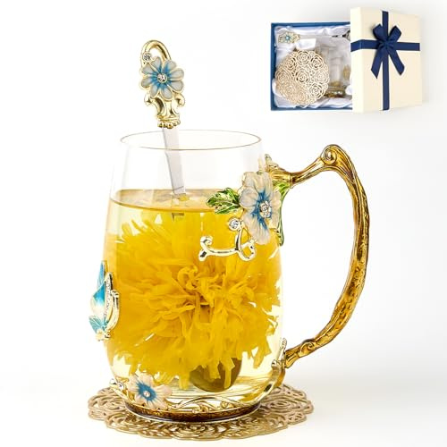 Taza de té de flores, taza de café de cristal transparente con cuchara, caja de regalo para su madre, esposa, abuela, niñas, amigos, San Valentín, Navidad, cumpleaños, idea de regalo para jugo,