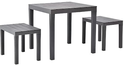 LAPOOH Gartentisch mit 2 Bänken, Gartenmöbel Set, Garnitur, Sitzgarnitur Garten, Balkon Möbel Set, Garten Möbelsets, Kunststoff Braun