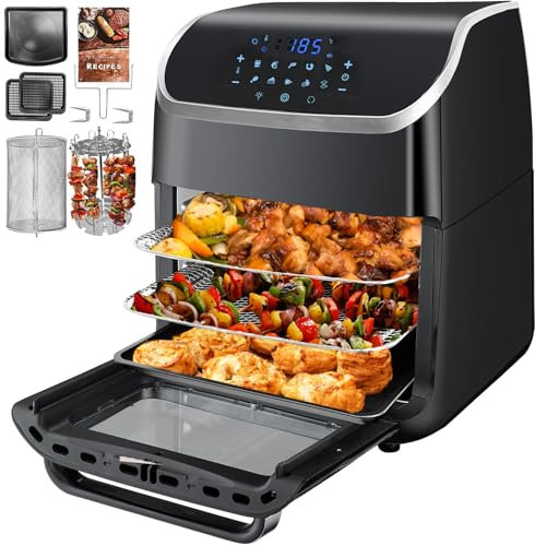 Jacgood XXL 12L Heißluftfritteuse Fritteuse, Airfryer mit großem Fassungsvermögen und 10 Programmen, 1800 Watt Mini Backofen, Touchdisplay und Timer-Funktion, inkl. Drehgrill Grillspieß und Zubehör