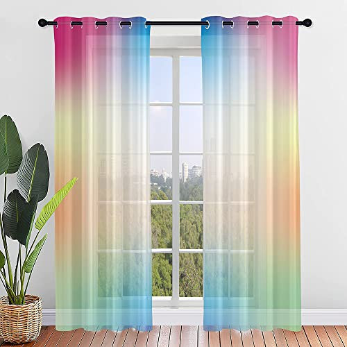 Lukery Vorhänge mit Ösen, Transparent Vorhänge Wohnzimmer 2er Set, Halbtransparent Gardinen Vorhänge Durchsichtig für Fenster Küche Wohnzimmer Landhaus (Blauer Farbverlauf,55x95cm)