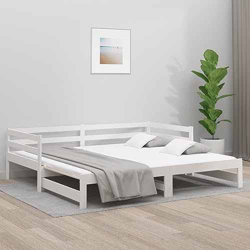 Massivholz Weiß Tagesbett mit Ausziehbett 80x200 cm Gästebett Bettgestell für Wohnzimmer und Schlafzimmer Schlafsofa für Erwachsene und Jugendliche Kiefer Holz Tagesbett Bettgestell Typ1