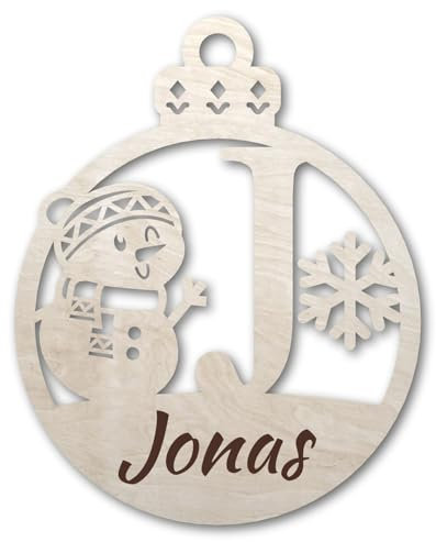 Urhome Weihnachtskugel personalisiert mit Wunschtext Gravur Buchstabe J mit Schneeman Motiv Hell Braun - Ornament Christbaumschmuck Weihnachtsdeko Weihnachtsbaum Anhänger aus 6,5mm Holz