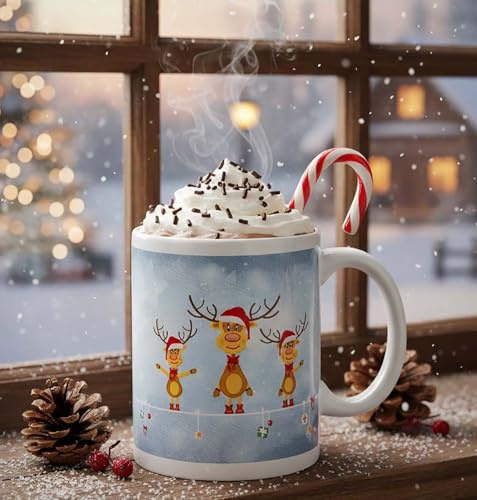 KAMACA Rentier Ole Kaffeebecher Weihnachtstasse Keramik (300 ml) Spülmaschinenfest & Mikrowellengeeignet Geschenkidee für Kollegen Büro Alltag Winter & Weihnachten (Motiv: Drei Rentiere)