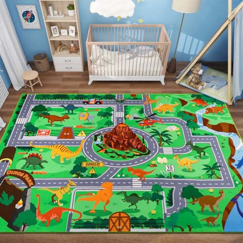 Car Rugs for Kids Toy Cars,59X39.4 Car Mat for Kid Cars,Non Slip Dino Safari Car Rug Play Mat,Washable Dinosaur Race Track Kid Rugs for Playroom Bedroom Boys,Track Rug Car Play Carpet for Kids