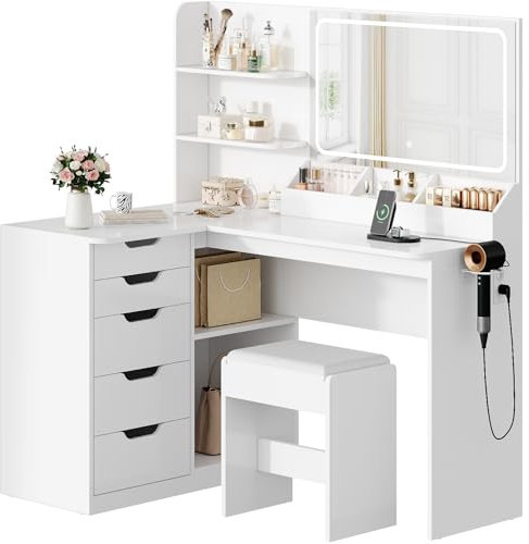 TRIUMPHKEY Schminktisch mit Spiegel, Eck Frisiertisch mit LED Beleuchtung Verstellbarer Helligkeit und hocker, Kosmetiktisch mit 5 Schubladen, Steckdose, Haartrocknerhalter (Weiß)