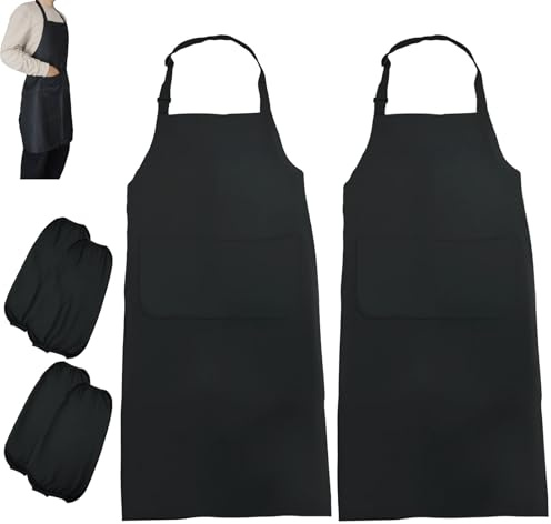 2 Stück Schürze Schwarz Kochschürze Herren Damen Küchenschürze Verstellbare Nackenband Wasserdichte Koch Schürzen mit 2 Taschen Kochschürzen Grillschürze für Köche Männer & Frauen(70*80cm)
