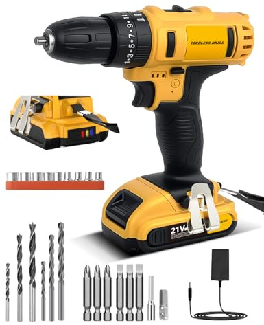Maxesla 26PCS Cordless Drill Set 21V, 25+3 Torque Combi Drill with 2.0AH Battery, 42N.m Max Electric Screwdriver Kit, 2 Variable Speed, LED Work Light, Home and Garden DIY Project Kit