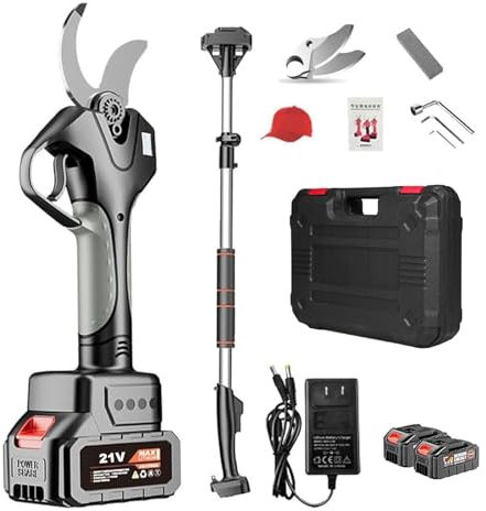 APMOE Sécateur Électrique sans Fil, 40mm Secateur Electrique avec Batteries de 21V, Perche Télescopique de 210 cm et Écran - Moteur sans Balais de 980W, Secateur Telescopique Electrique