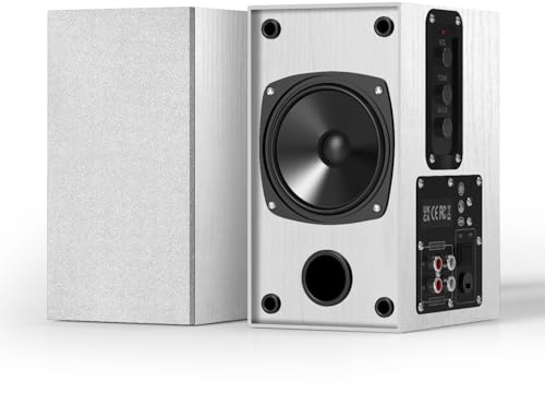 Elimavi 30W X 2 Powered Bookshelf Speakers - 3.5-RCA Input for Turntable, TV, PC, Record Player Speakers with 4 Inch Woofer & Wall Mounted, White