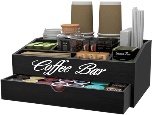 Suli Extra Large Coffee Station Organizer with Drawer, 2-Tier | 11 Compartments, Wooden Bar and Tea Accessories, Storage for Condiment Syrup Tea Bags, Coffee Station for Home Kitchen Office