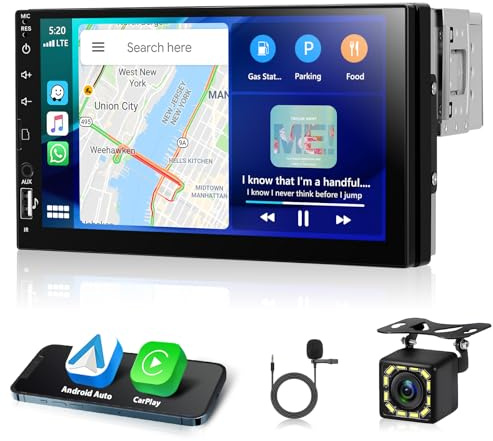 Motorsi Autoradio 1 Din con Wireless Carplay Android Auto, 7“ LCD MP5 Player Bluetooth Car Stereo, MirrorLink, FM, USB, AUX,7 Colorata backlight, EQ/FM/RDS Radio,Assistente Vocale + SWC+Telecamera
