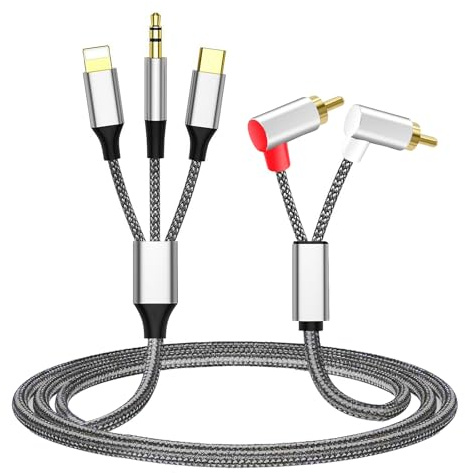 AUX auf Cinch Kabel für iPhone, 3-in-1 USB C/Lightnning/3.5mm auf 2 RCA Audiokabel, USB C auf Cinch Audio für TV, Handy, MP3 Player, Lautsprecher, Heimkino, kompatibel mit iPhone/iPad/Samsung