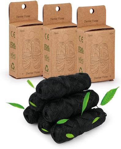 6x30m Filo interdentale naturale senza plastica cerato con Candelilla filo interdentale a carbone di bambù 6 bobine per ricarica sostenibile Floss menta, vegano dental floss ecologico(180m)