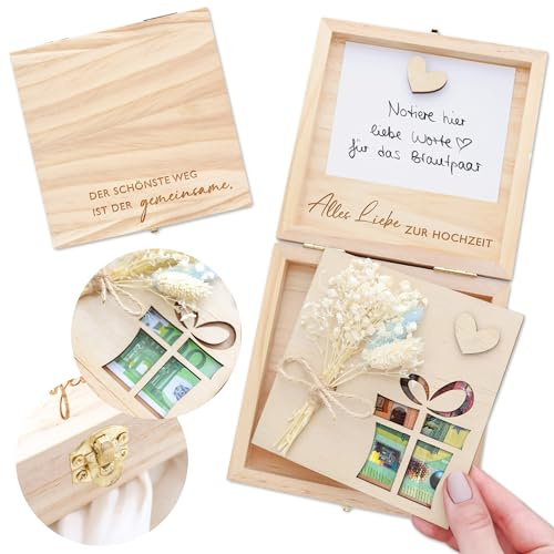 Joli Coon Geldgeschenk Hochzeit, Hochzeitsgeschenk Geld, 14 x 14 x 3,5 cm | Herausnehmbares Fensterfach für mehrere Geldscheine, echte Trockenblumen, Karte zum Beschreiben, Magnet für Foto oder Karte