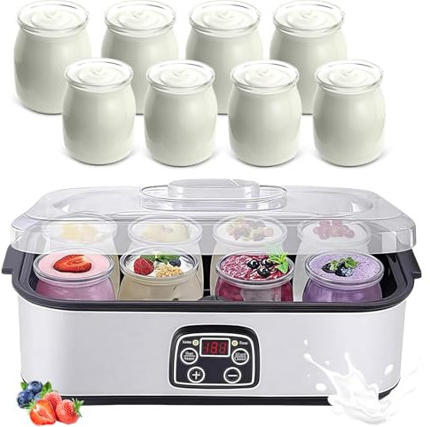Yaourtière électrique avec 8 pots, en acier inoxydable, affichage LED et minuterie, température réglable pour des desserts sains faits maison