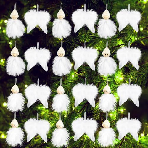 KUWUNG Weihnachtsbaumschmuck Weiß, 24 Stück Engelsflügel und Wichtel Anhänger Set, Weiße Federdekoration zum Aufhängen, Feder zum Aufhängen für Draußen Drinnen Weihnachten Hochzeit Party