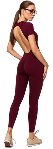 INSPIRADORA Romper – Short Sleeve Bodysuit Open Back Jumpsuit – Compression Bodysuit for Workout Set, Yoga & Athleisure (Burgundy, S)