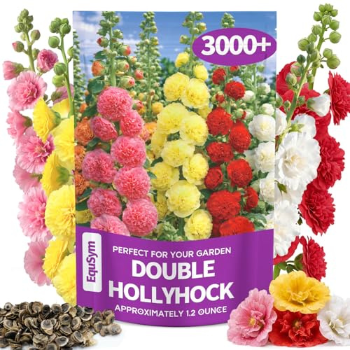 3000+ Double Hollyhock Flower Seeds - Large Bulk Pack, Mixed-Color Tall Hollyhock Seeds, Perfect for Fence Lines & Wall Backdrops, Cottage Garden Style, Beginner-Friendly