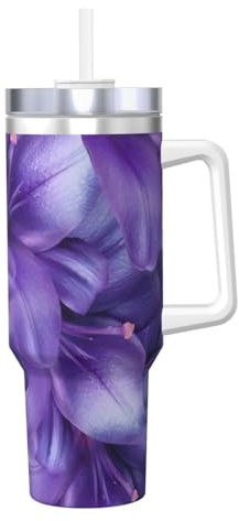 YQxwJL Bicchiere con stampa di fiori di giglio viola, con manico e cannuccia, tazza da caffè caldo/freddo, per donne e uomini, regalo di compleanno