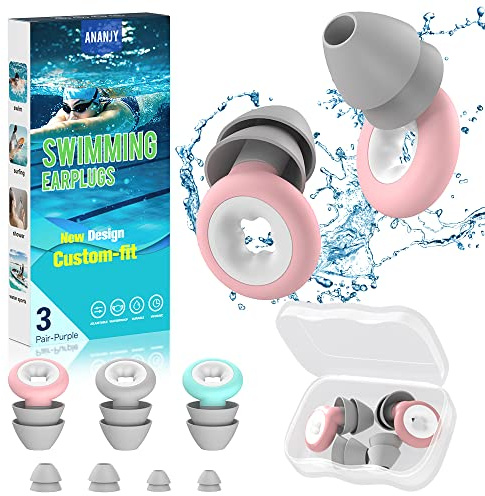 Waterproof Swimming Ear Plugs for Adults - 3 Pairs of Reusable Soft Silicone Swim Earplugs,Perfect for Surfing, Diving,Pool,Showering and Other Water Sports - Keep Water Out and Ear Protection