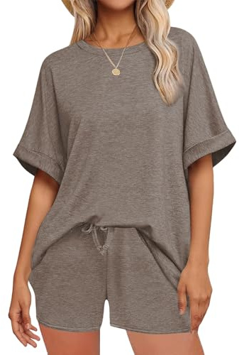 crazy bean Tuta Sportiva Donna Estiva Due Pezzi Casual Tuta da Ginnastica T-Shirt Manica Corta e Pantaloncini con Tasche Completo Sportiva Training Casa Marrone M