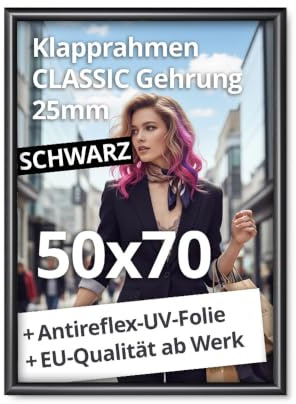 net-xpress® 50x70 Klapprahmen 50 x 70 cm Plakatrahmen 25 mm schwarz | mit Antireflex-UV-Folie | Posterrrahmen aus Alu mit Gehrungsecken | inkl. Schrauben & Dübel | Wechselrahmen 50x70 schwarz