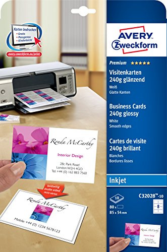 AVERY Zweckform C32028-10 Premium Visitenkarten, blanko (100 Stück, 240g, 85x54 mm, beidseitig bedruckbar, glänzend weiß, absolut glatte Kanten, 10 Blatt) zum Selbstbedrucken auf Inkjet-Druckern
